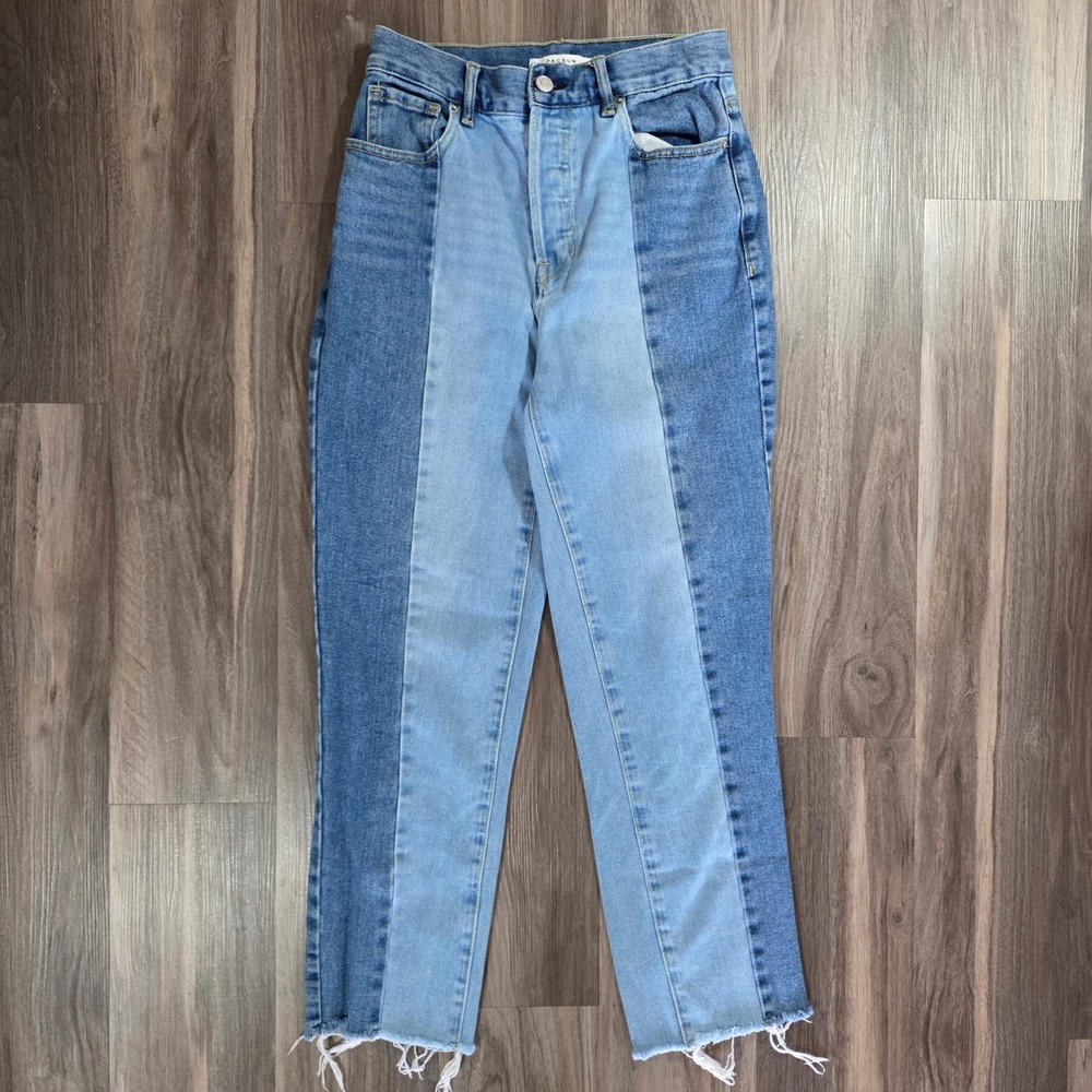 PacSun Two Tone High Rise Straight Leg Jeans Blue Colorblock Raw Hem Size 26